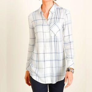Chico's Everyday Plaid Button Down Top Shirt Women's Small White Blue Rayon